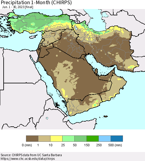 Middle East and Turkey Precipitation 1-Month (CHIRPS) Thematic Map For 6/1/2023 - 6/30/2023