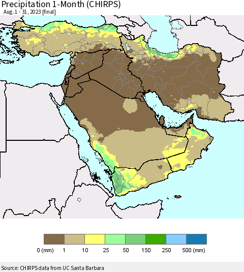 Middle East and Turkey Precipitation 1-Month (CHIRPS) Thematic Map For 8/1/2023 - 8/31/2023