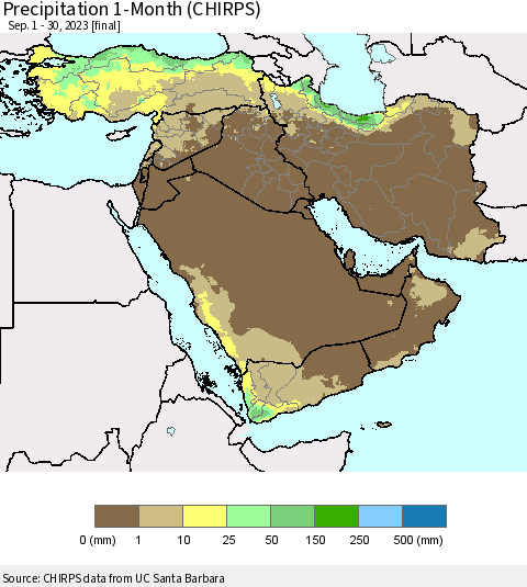 Middle East and Turkey Precipitation 1-Month (CHIRPS) Thematic Map For 9/1/2023 - 9/30/2023
