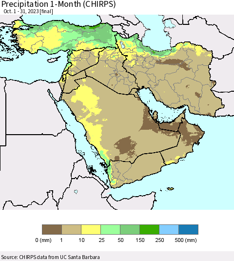 Middle East and Turkey Precipitation 1-Month (CHIRPS) Thematic Map For 10/1/2023 - 10/31/2023