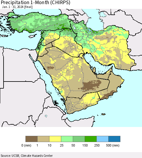 Middle East and Turkey Precipitation 1-Month (CHIRPS) Thematic Map For 1/1/2024 - 1/31/2024
