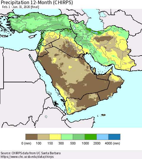 Middle East and Turkey Precipitation 12-Month (CHIRPS) Thematic Map For 2/1/2019 - 1/31/2020