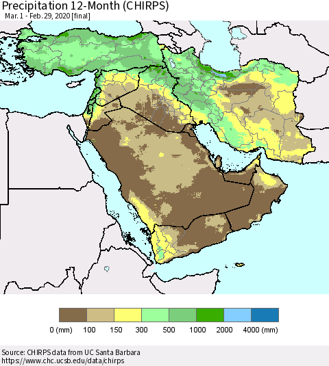 Middle East and Turkey Precipitation 12-Month (CHIRPS) Thematic Map For 3/1/2019 - 2/29/2020