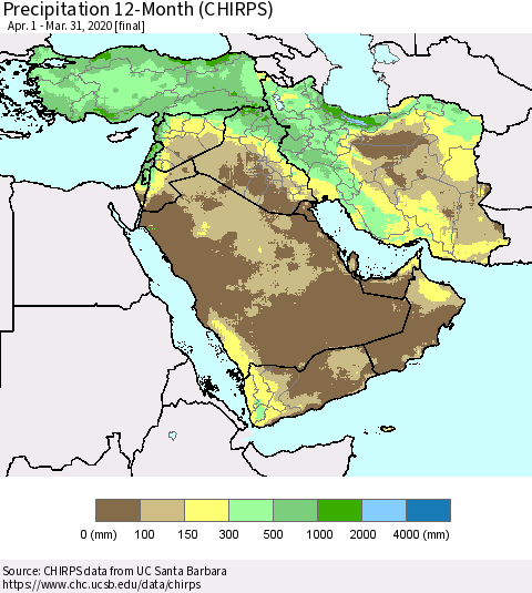 Middle East and Turkey Precipitation 12-Month (CHIRPS) Thematic Map For 4/1/2019 - 3/31/2020