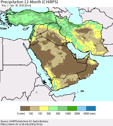 Middle East and Turkey Precipitation 12-Month (CHIRPS) Thematic Map For 5/1/2019 - 4/30/2020