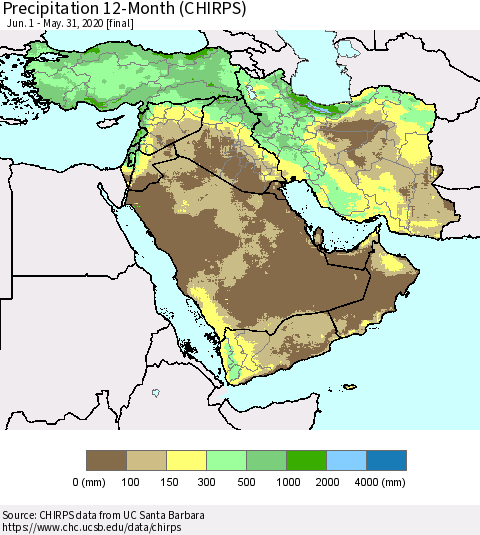 Middle East and Turkey Precipitation 12-Month (CHIRPS) Thematic Map For 6/1/2019 - 5/31/2020