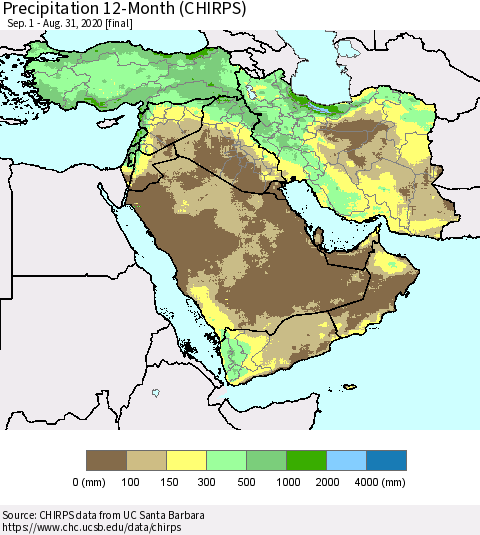 Middle East and Turkey Precipitation 12-Month (CHIRPS) Thematic Map For 9/1/2019 - 8/31/2020