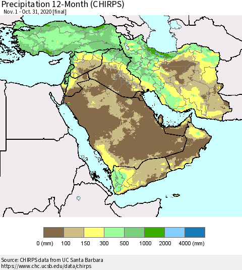 Middle East and Turkey Precipitation 12-Month (CHIRPS) Thematic Map For 11/1/2019 - 10/31/2020