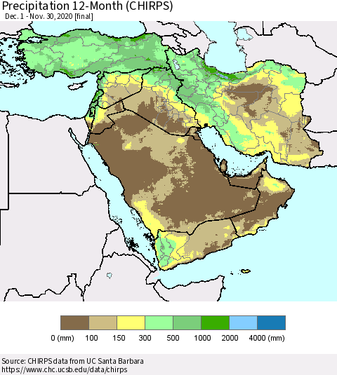 Middle East and Turkey Precipitation 12-Month (CHIRPS) Thematic Map For 12/1/2019 - 11/30/2020