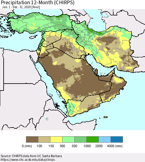 Middle East and Turkey Precipitation 12-Month (CHIRPS) Thematic Map For 1/1/2020 - 12/31/2020