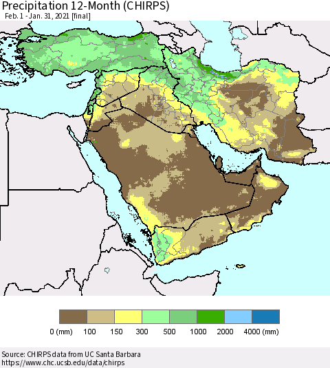 Middle East and Turkey Precipitation 12-Month (CHIRPS) Thematic Map For 2/1/2020 - 1/31/2021