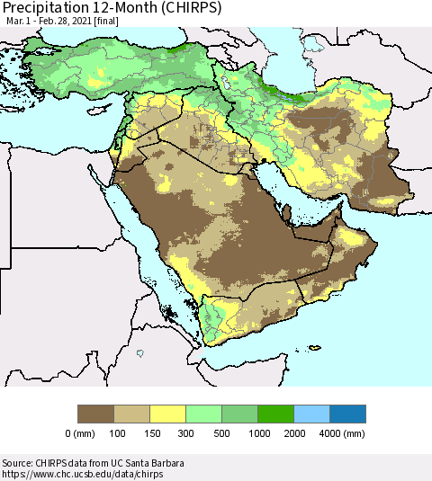 Middle East and Turkey Precipitation 12-Month (CHIRPS) Thematic Map For 3/1/2020 - 2/28/2021