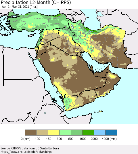 Middle East and Turkey Precipitation 12-Month (CHIRPS) Thematic Map For 4/1/2020 - 3/31/2021