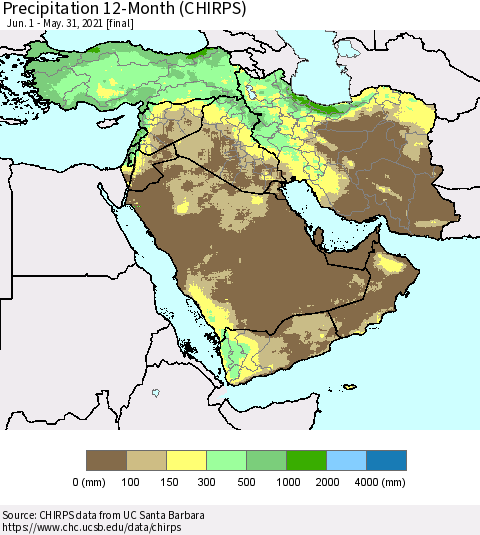 Middle East and Turkey Precipitation 12-Month (CHIRPS) Thematic Map For 6/1/2020 - 5/31/2021