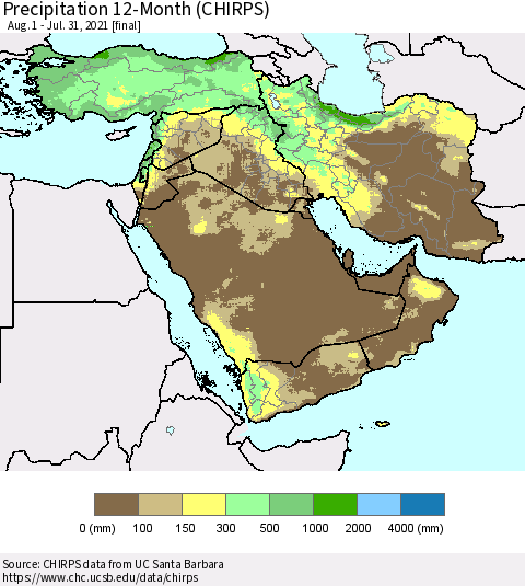 Middle East and Turkey Precipitation 12-Month (CHIRPS) Thematic Map For 8/1/2020 - 7/31/2021