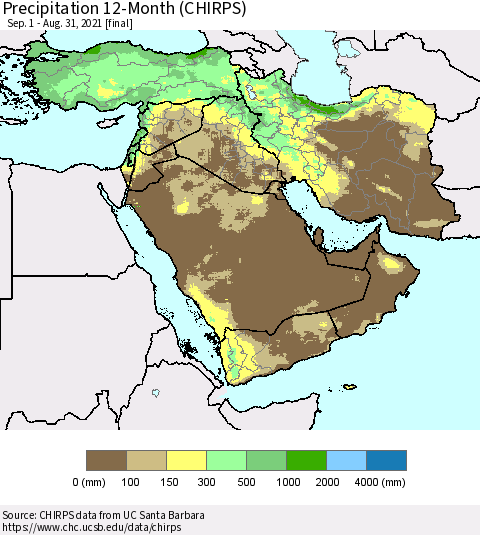 Middle East and Turkey Precipitation 12-Month (CHIRPS) Thematic Map For 9/1/2020 - 8/31/2021
