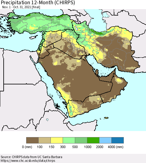 Middle East and Turkey Precipitation 12-Month (CHIRPS) Thematic Map For 11/1/2020 - 10/31/2021