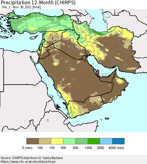 Middle East and Turkey Precipitation 12-Month (CHIRPS) Thematic Map For 12/1/2020 - 11/30/2021