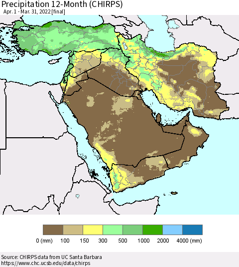 Middle East and Turkey Precipitation 12-Month (CHIRPS) Thematic Map For 4/1/2021 - 3/31/2022