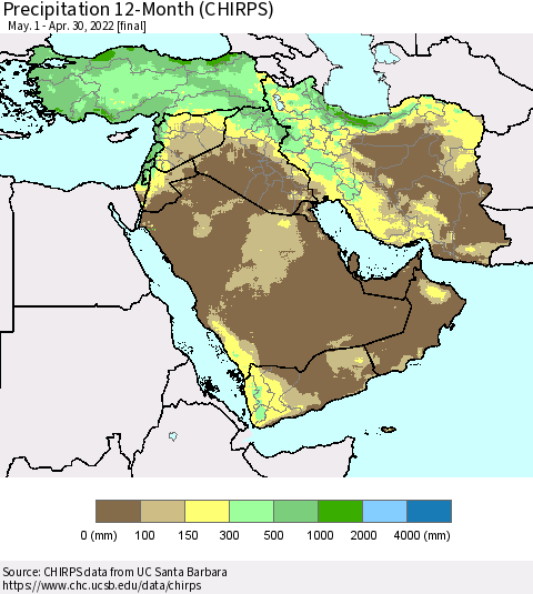 Middle East and Turkey Precipitation 12-Month (CHIRPS) Thematic Map For 5/1/2021 - 4/30/2022