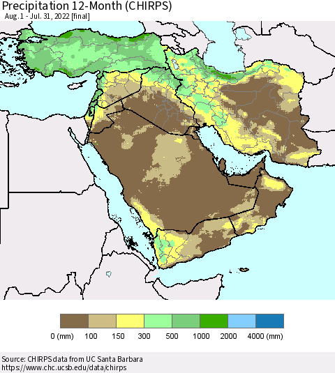 Middle East and Turkey Precipitation 12-Month (CHIRPS) Thematic Map For 8/1/2021 - 7/31/2022