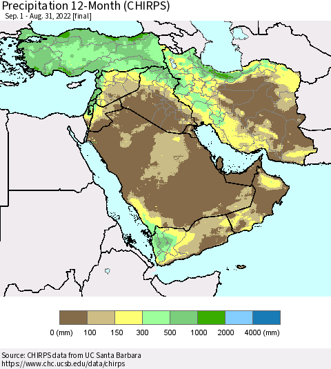 Middle East and Turkey Precipitation 12-Month (CHIRPS) Thematic Map For 9/1/2021 - 8/31/2022