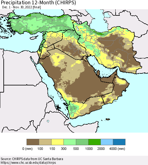 Middle East and Turkey Precipitation 12-Month (CHIRPS) Thematic Map For 12/1/2021 - 11/30/2022