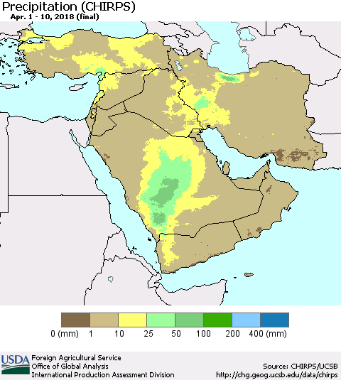 Middle East and Turkey Precipitation (CHIRPS) Thematic Map For 4/1/2018 - 4/10/2018
