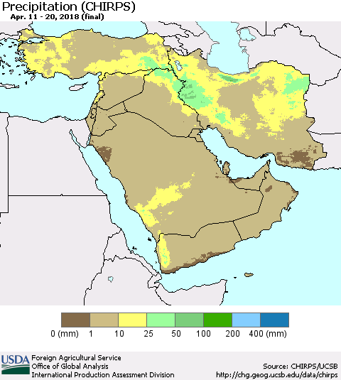 Middle East and Turkey Precipitation (CHIRPS) Thematic Map For 4/11/2018 - 4/20/2018