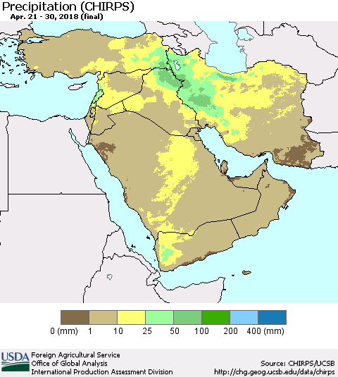Middle East and Turkey Precipitation (CHIRPS) Thematic Map For 4/21/2018 - 4/30/2018