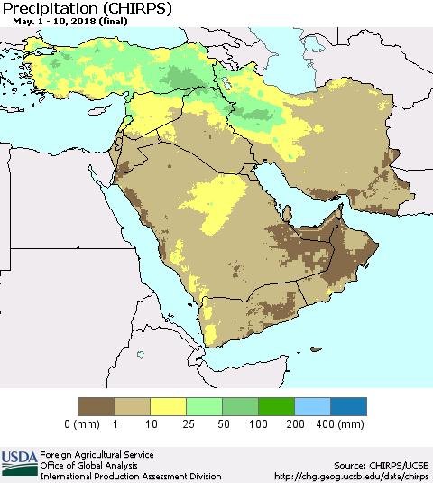 Middle East and Turkey Precipitation (CHIRPS) Thematic Map For 5/1/2018 - 5/10/2018