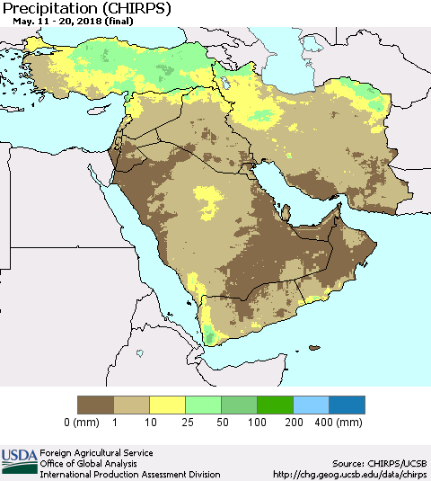 Middle East and Turkey Precipitation (CHIRPS) Thematic Map For 5/11/2018 - 5/20/2018