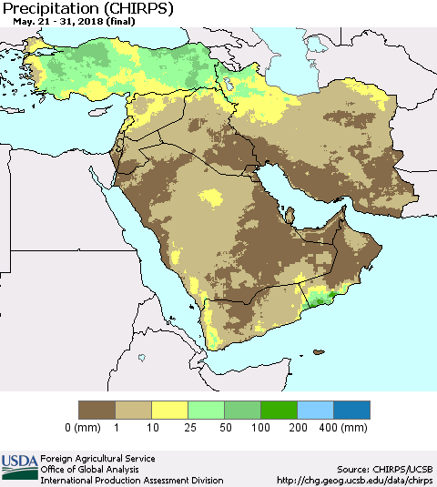 Middle East and Turkey Precipitation (CHIRPS) Thematic Map For 5/21/2018 - 5/31/2018