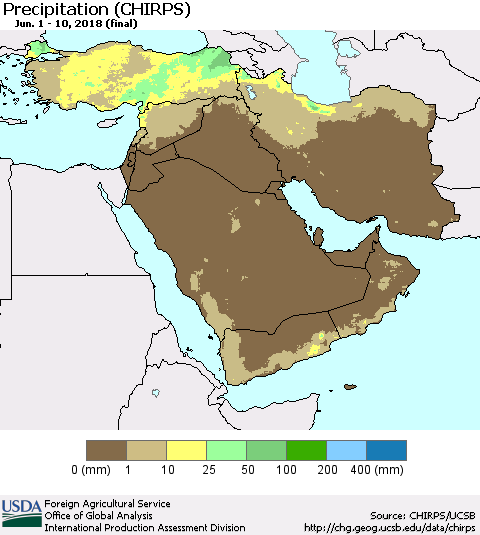 Middle East and Turkey Precipitation (CHIRPS) Thematic Map For 6/1/2018 - 6/10/2018