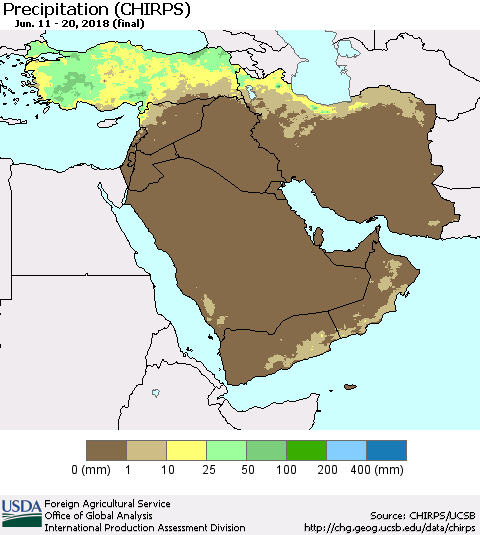 Middle East and Turkey Precipitation (CHIRPS) Thematic Map For 6/11/2018 - 6/20/2018