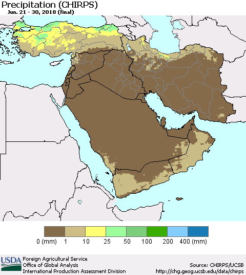 Middle East and Turkey Precipitation (CHIRPS) Thematic Map For 6/21/2018 - 6/30/2018