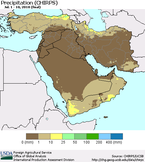 Middle East and Turkey Precipitation (CHIRPS) Thematic Map For 7/1/2018 - 7/10/2018