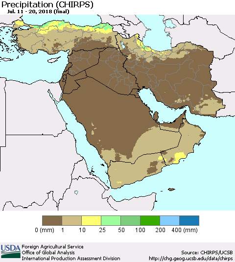 Middle East and Turkey Precipitation (CHIRPS) Thematic Map For 7/11/2018 - 7/20/2018