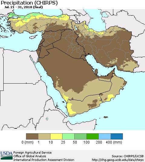 Middle East and Turkey Precipitation (CHIRPS) Thematic Map For 7/21/2018 - 7/31/2018