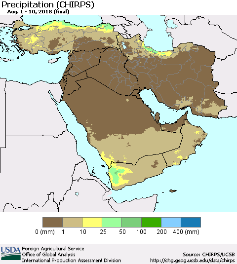 Middle East and Turkey Precipitation (CHIRPS) Thematic Map For 8/1/2018 - 8/10/2018