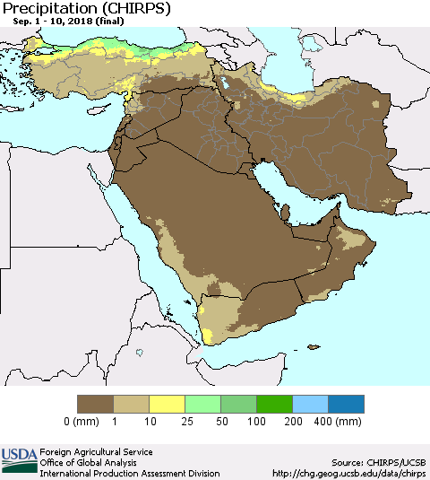 Middle East and Turkey Precipitation (CHIRPS) Thematic Map For 9/1/2018 - 9/10/2018