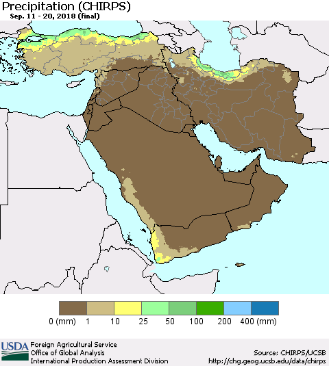 Middle East and Turkey Precipitation (CHIRPS) Thematic Map For 9/11/2018 - 9/20/2018