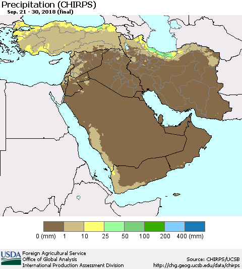Middle East and Turkey Precipitation (CHIRPS) Thematic Map For 9/21/2018 - 9/30/2018