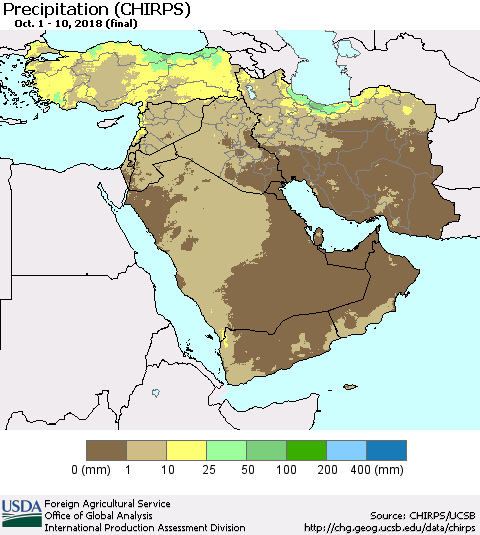 Middle East and Turkey Precipitation (CHIRPS) Thematic Map For 10/1/2018 - 10/10/2018