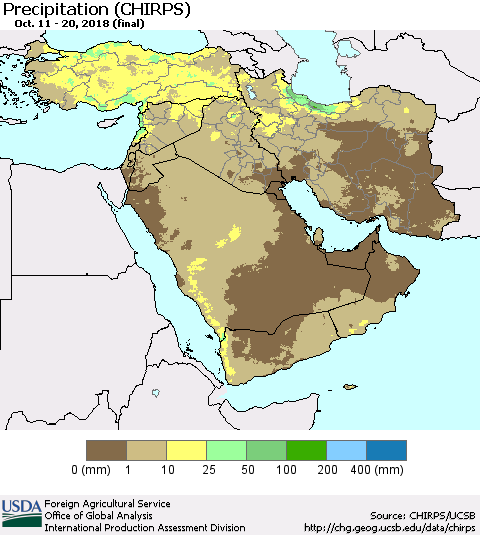 Middle East and Turkey Precipitation (CHIRPS) Thematic Map For 10/11/2018 - 10/20/2018