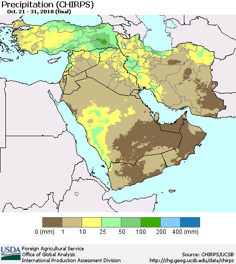 Middle East and Turkey Precipitation (CHIRPS) Thematic Map For 10/21/2018 - 10/31/2018