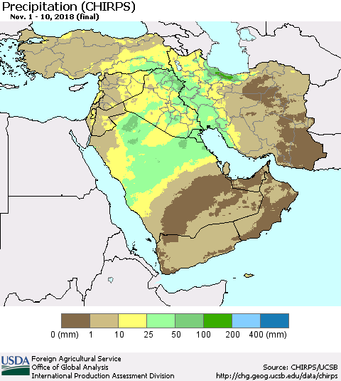 Middle East and Turkey Precipitation (CHIRPS) Thematic Map For 11/1/2018 - 11/10/2018