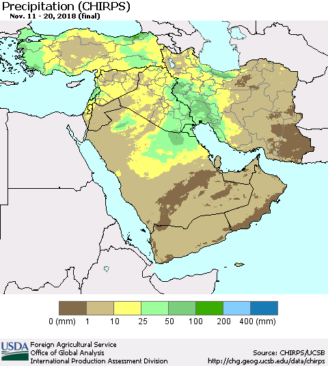 Middle East and Turkey Precipitation (CHIRPS) Thematic Map For 11/11/2018 - 11/20/2018