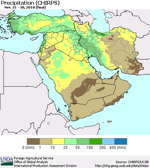 Middle East and Turkey Precipitation (CHIRPS) Thematic Map For 11/21/2018 - 11/30/2018