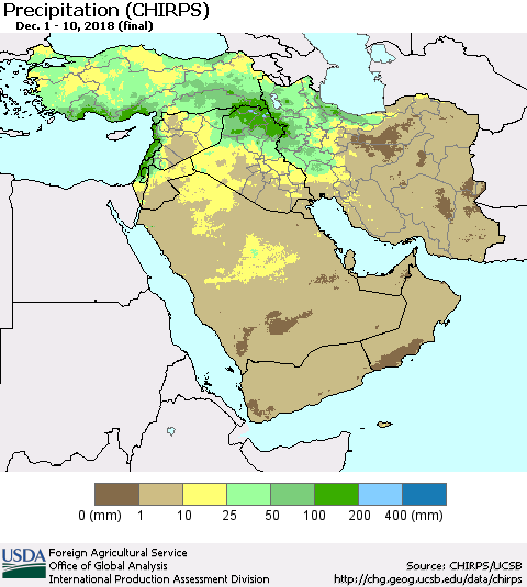 Middle East and Turkey Precipitation (CHIRPS) Thematic Map For 12/1/2018 - 12/10/2018